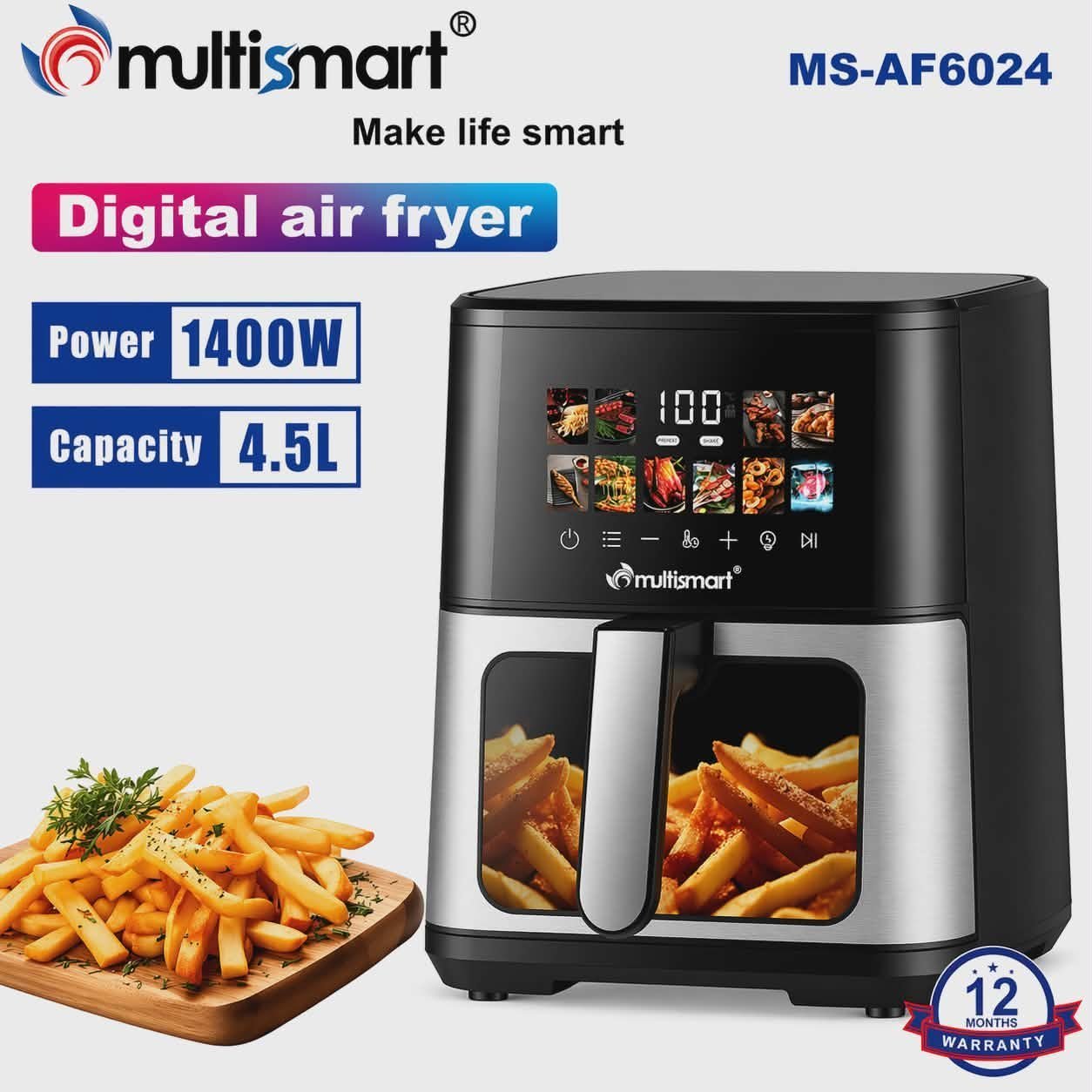 cbfc64a2-0db6-4276-a8f0-97ef72f4b6e6.jpg Friteuse inox Sans Huile 4.5L 1400W Numérique Avec Fenêtre Visible Multismart MS-AF6024 – Image 1